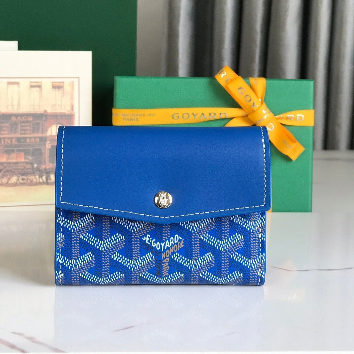 Goyard Saint-Gabriel Wallet 12 in Sapphire Blue Calfskin and Goyardine Canvas