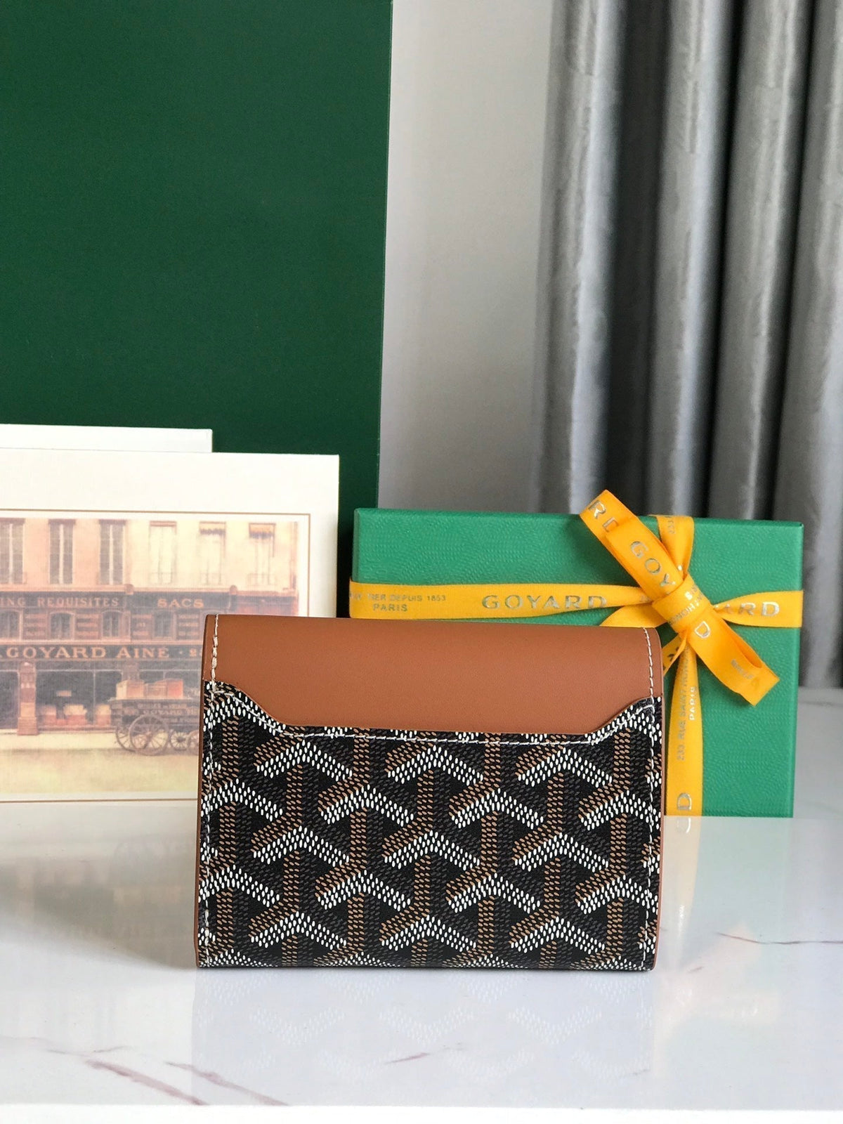 Goyard Saint-Gabriel Wallet 12 in Tan Calfskin and Black Goyardine Canvas