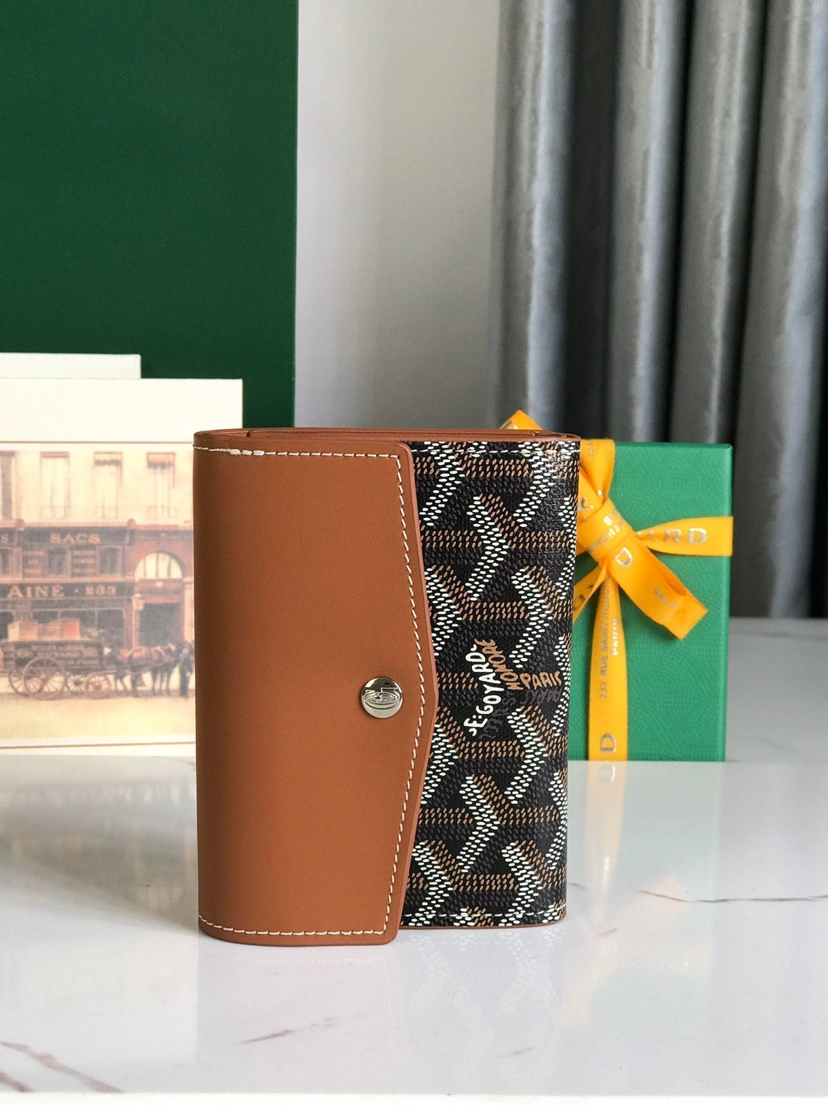 Goyard Saint-Gabriel Wallet 12 in Tan Calfskin and Black Goyardine Canvas