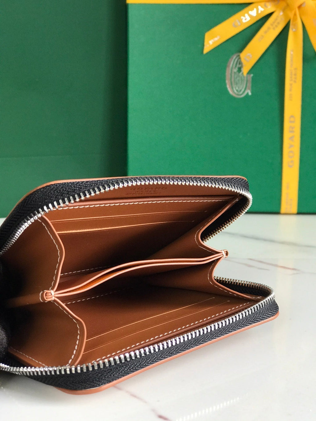 Goyard Matignon Mini Wallet 11 in Black Goyardine Canvas and Tan Calfskin