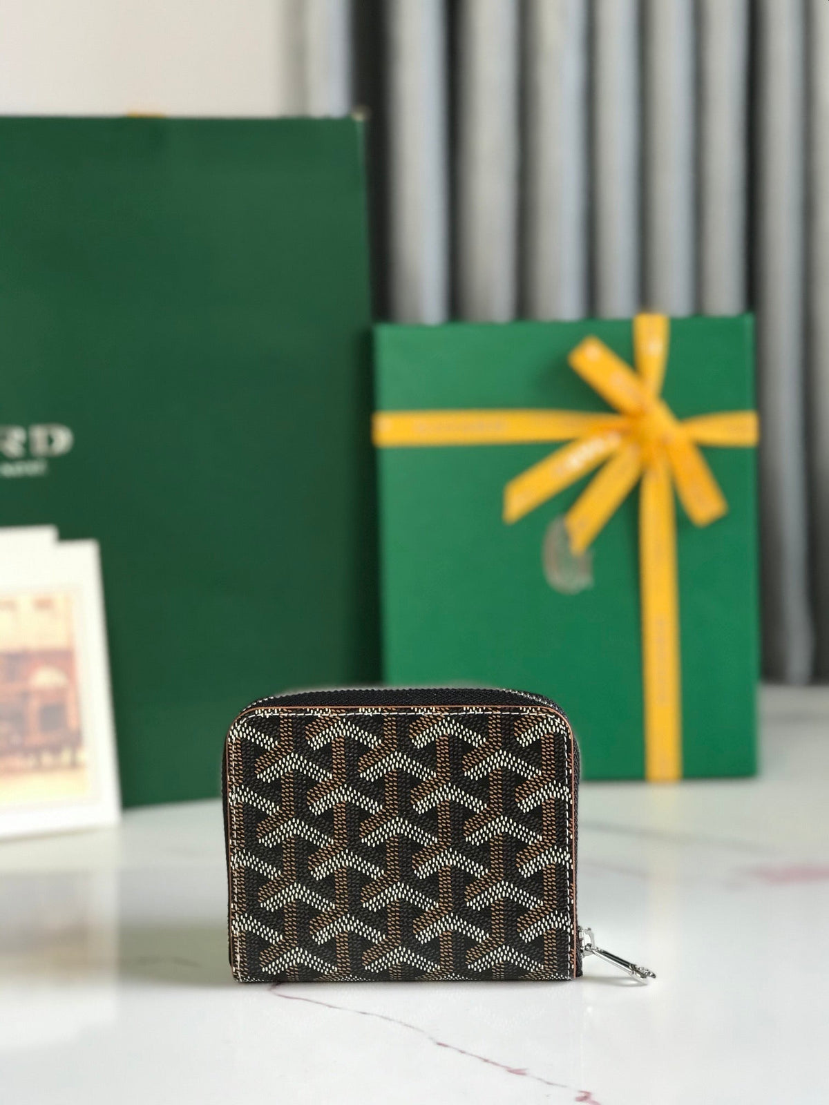 Goyard Matignon Mini Wallet 11 in Black Goyardine Canvas and Tan Calfskin