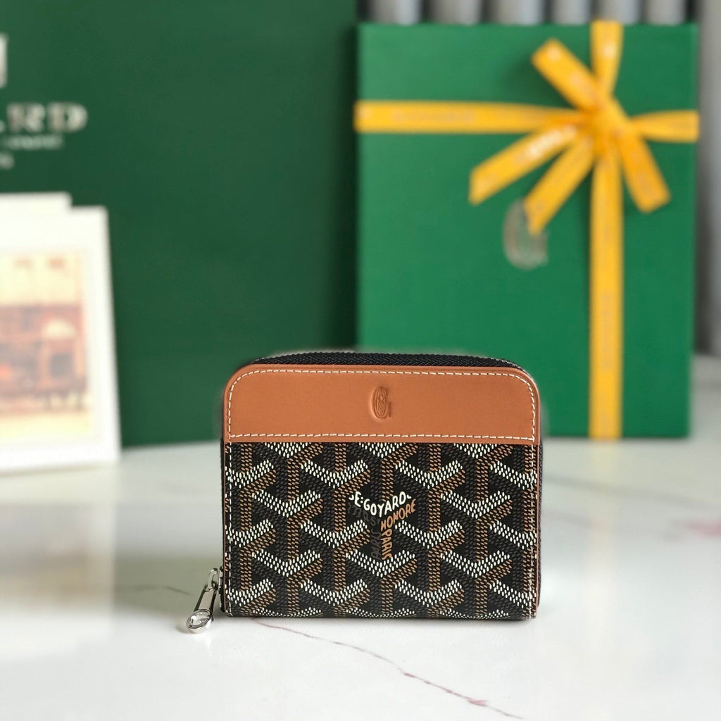 Goyard Matignon Mini Wallet 11 in Black Goyardine Canvas and Tan Calfskin