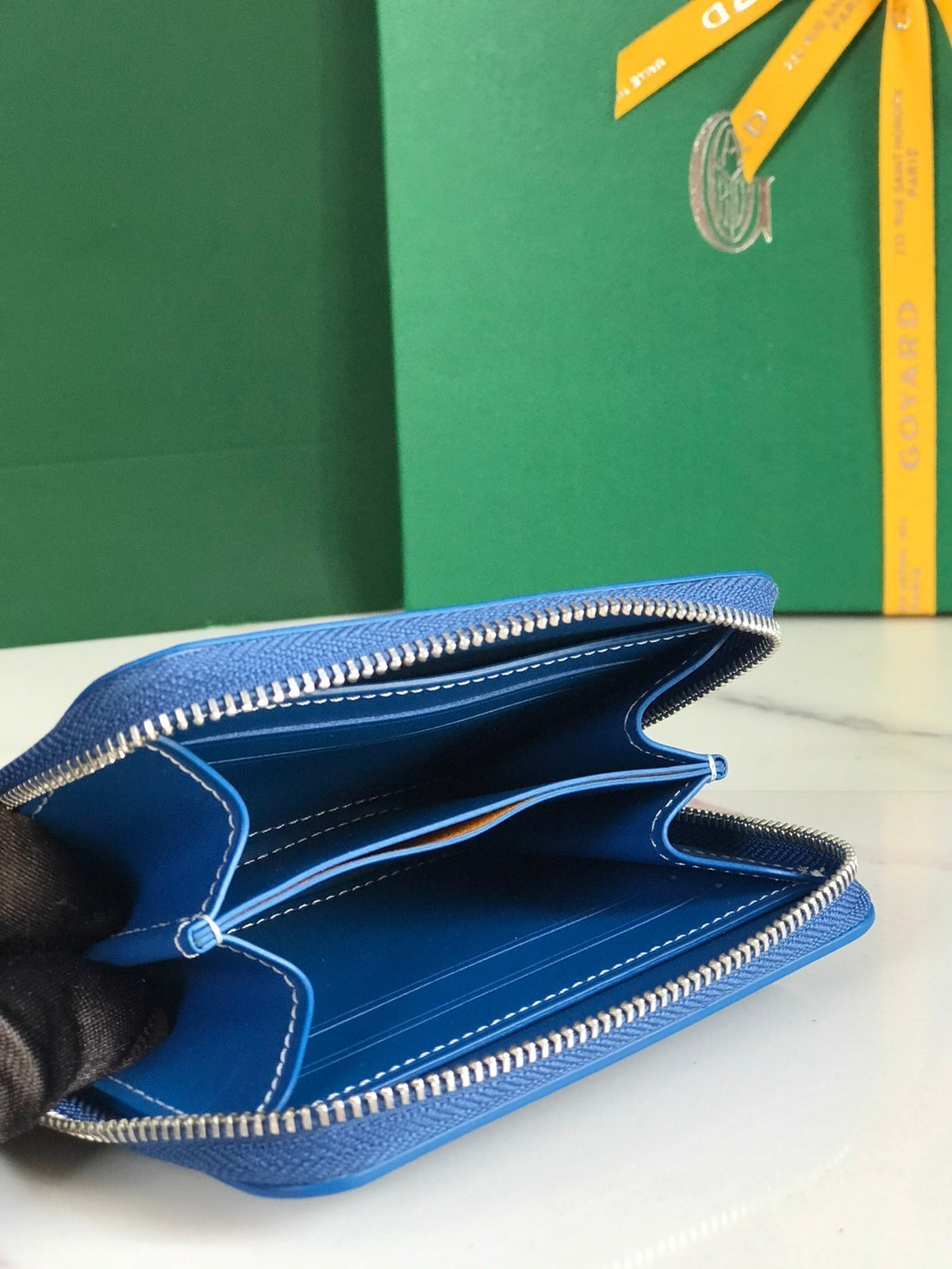 Goyard Matignon Mini Wallet 11 in Sapphire Blue Goyardine Canvas and Calfskin