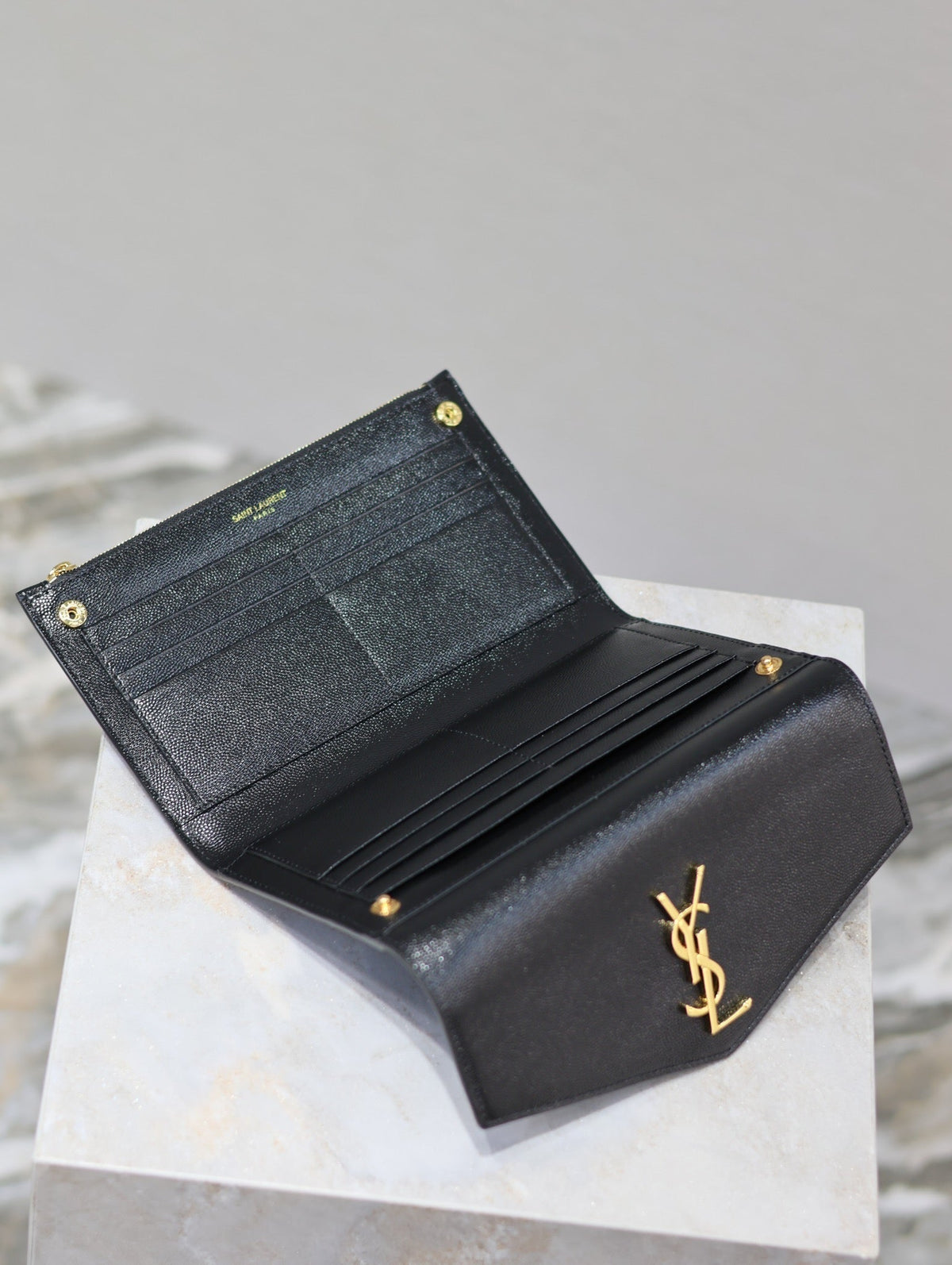Saint Laurent Uptown Wallet 21 in Black Calfskin Gold Logo
