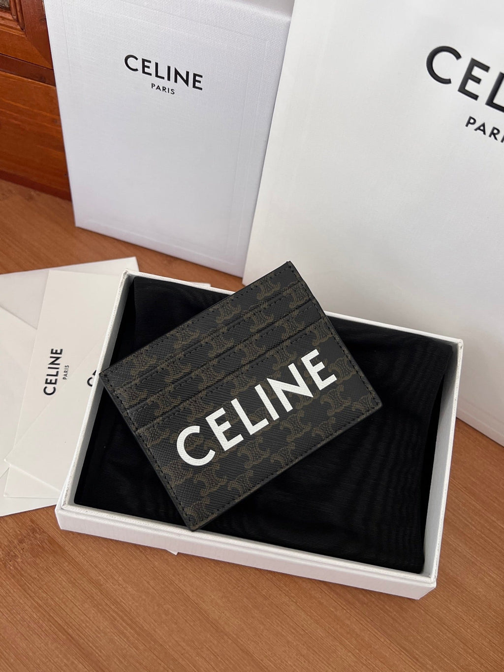 Celine 25S Card Holder with Triomphe Logo Print 11 in Black Triomphe Calfskin