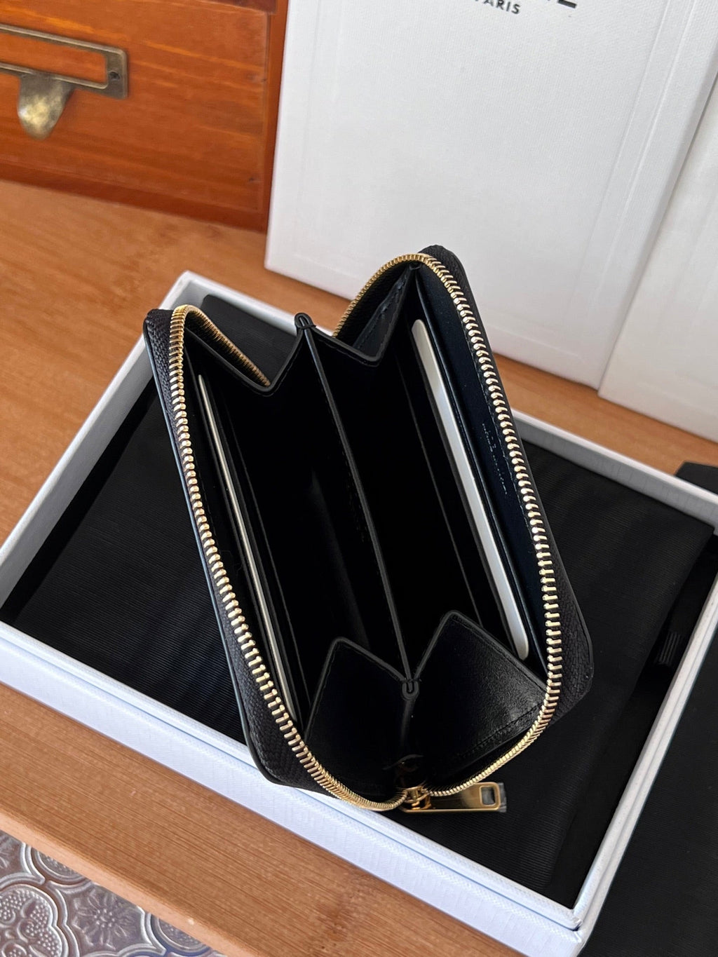 Celine 25S Triomphe Compact Zipped Wallet 11 in Black Calfskin Gold Hardware
