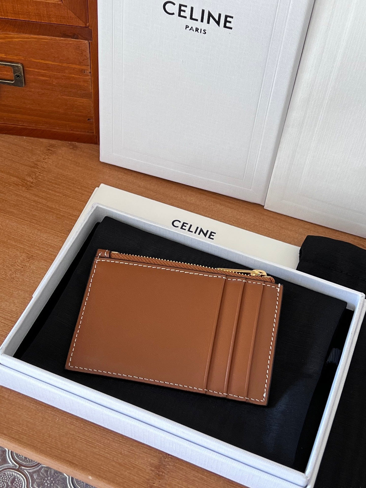 Celine 25S Zipped Card Holder 11 in Brown Calfskin Gold Hardware