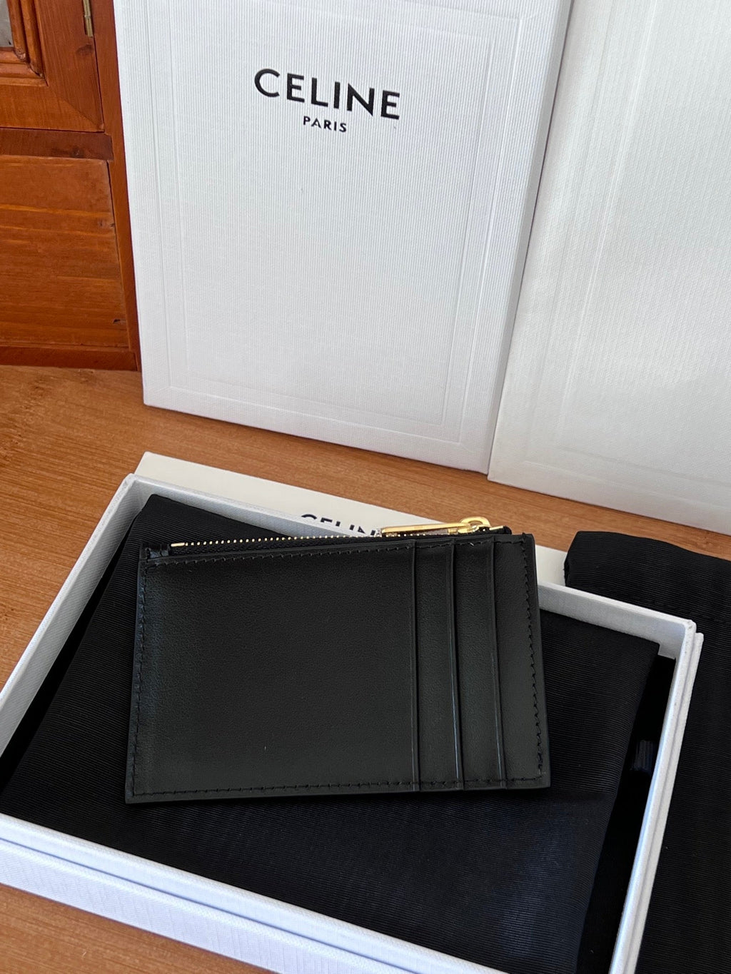 Celine 25S Zipped Card Holder 11 in Black Calfskin Gold Hardware