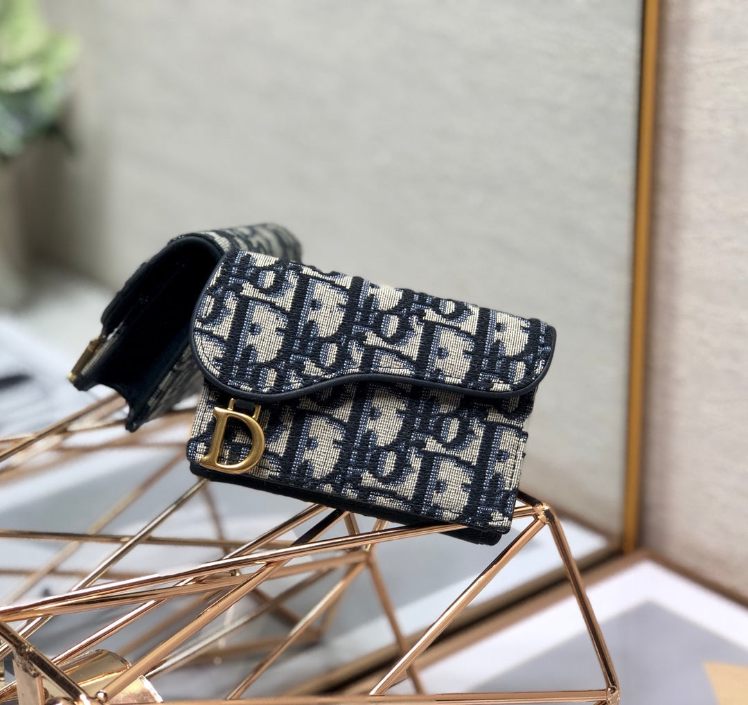 Dior CD Saddle Wallet 10.5cm Blue Obique Embroidery