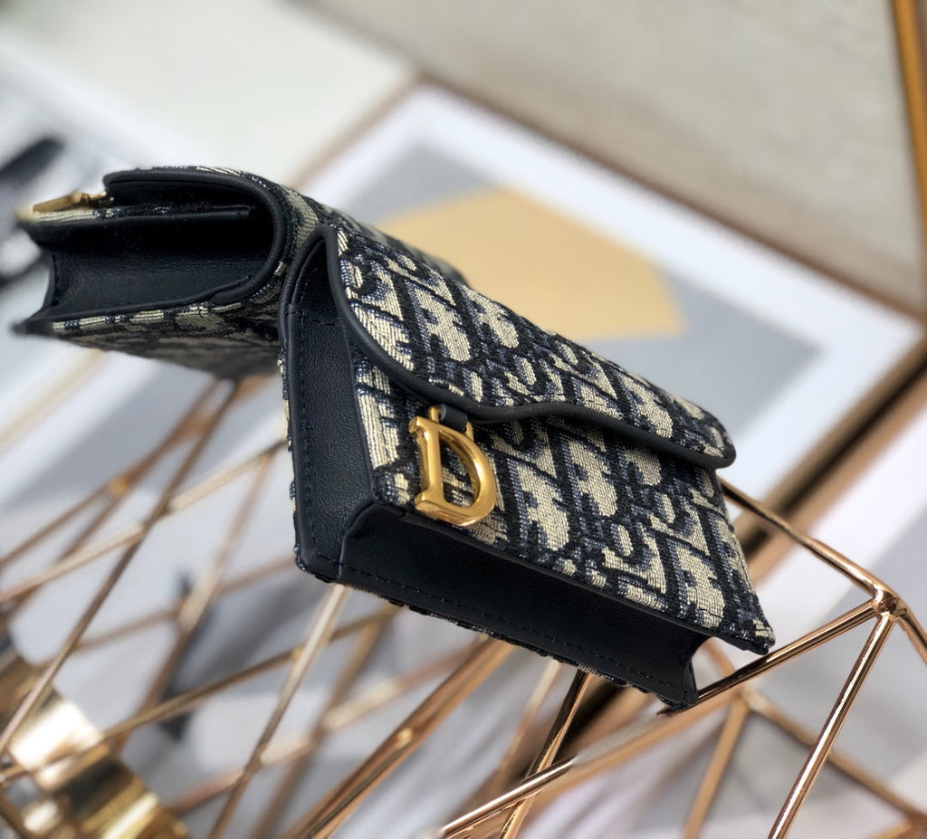 Dior CD Saddle Wallet 10.5cm Blue Obique Embroidery