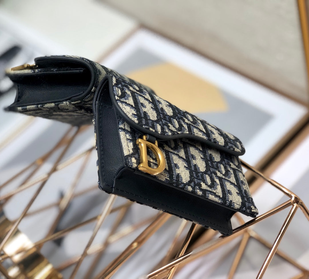 Dior CD Saddle Wallet 10.5cm Blue Obique Embroidery
