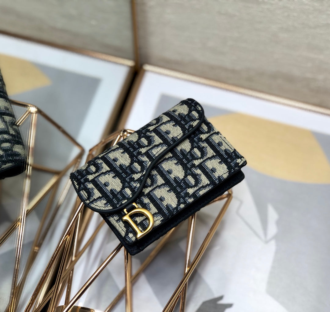 Dior CD Saddle Wallet 10.5cm Blue Obique Embroidery