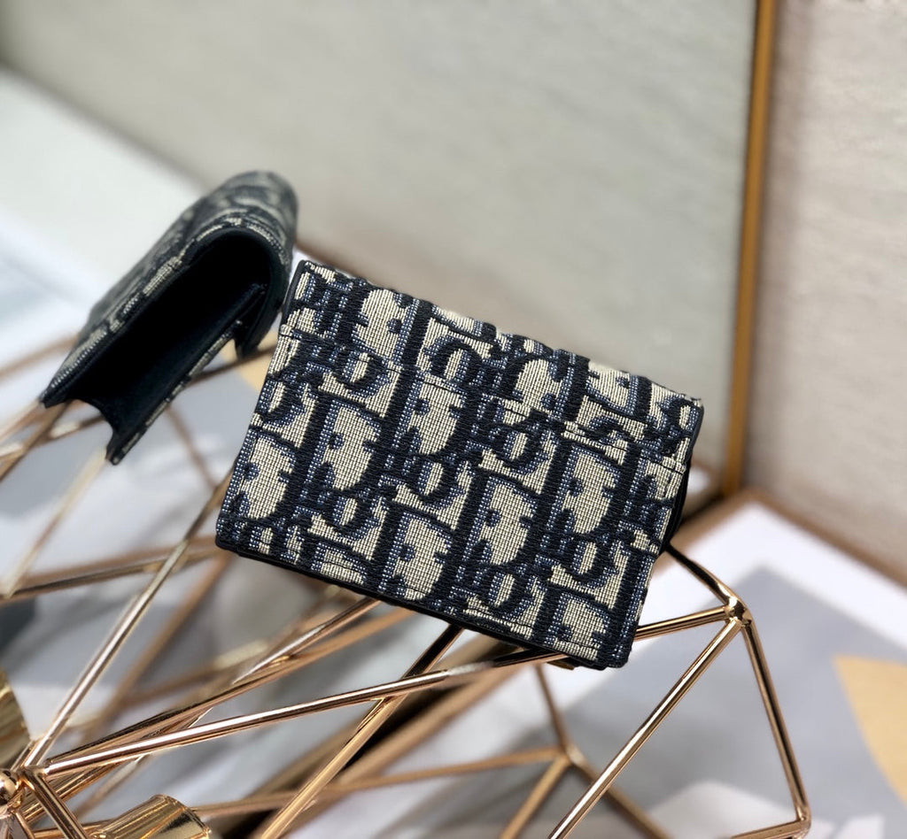 Dior CD Saddle Wallet 10.5cm Blue Obique Embroidery