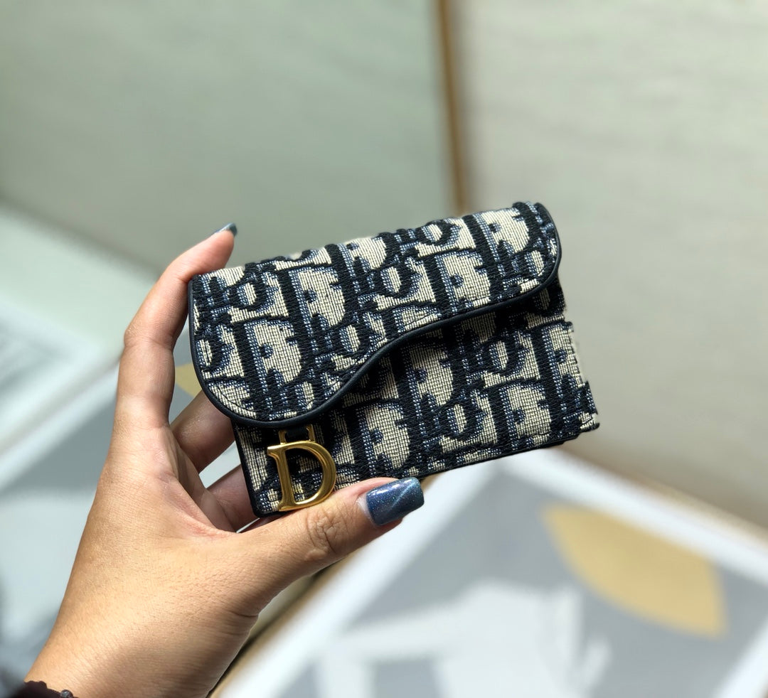 Dior CD Saddle Wallet 10.5cm Blue Obique Embroidery