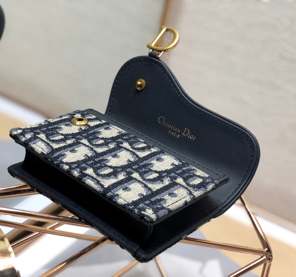 Dior CD Saddle Wallet 10.5cm Blue Obique Embroidery