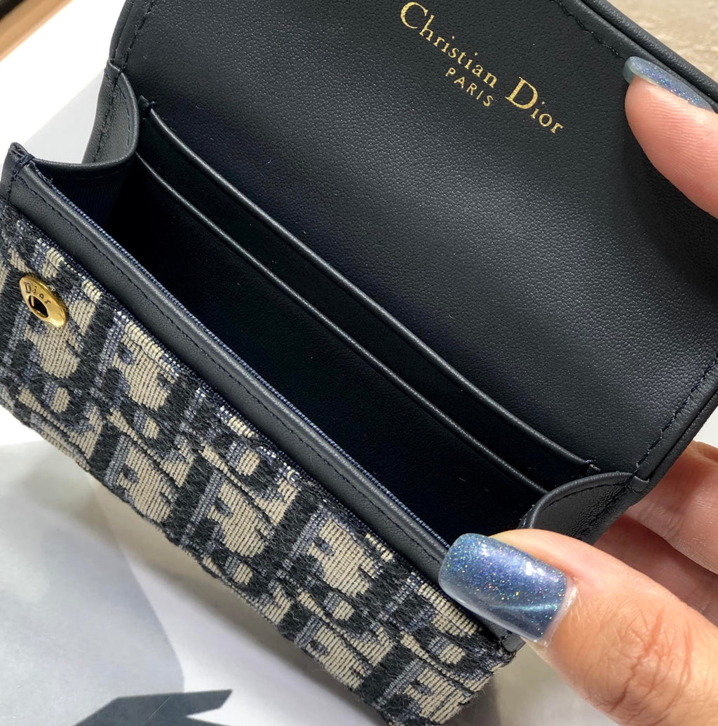 Dior CD Saddle Wallet 10.5cm Blue Obique Embroidery